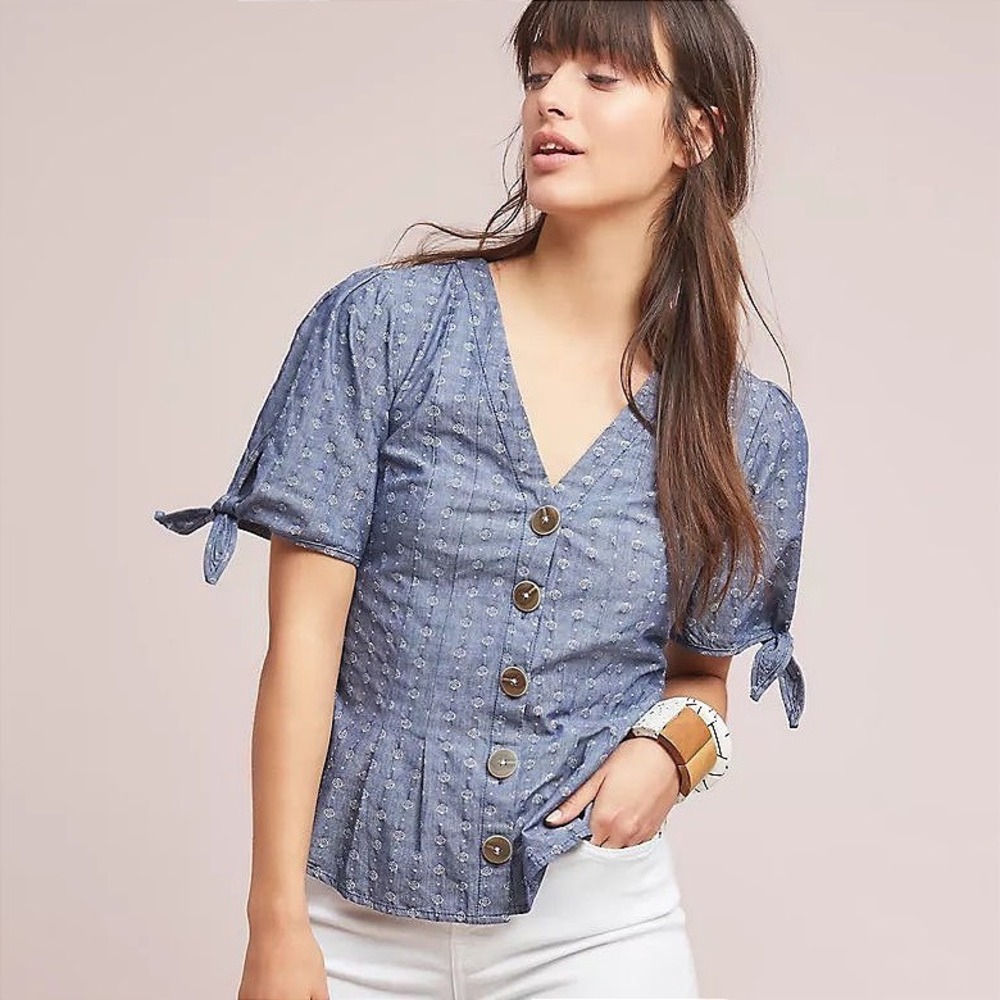 Pilcro Tied-Sleeve Blouse Blue Boho Button Front Dobby Cotton Top Size 4